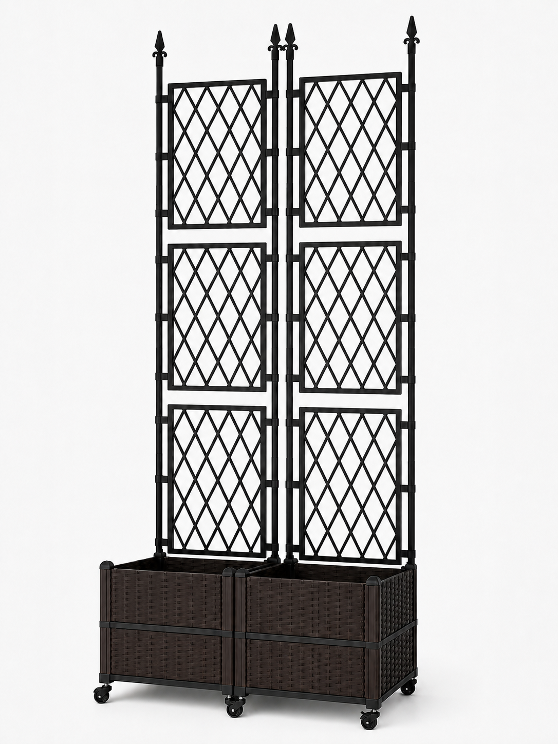 Diamond lattice · 3 tiers · 2 deep planters · wheels